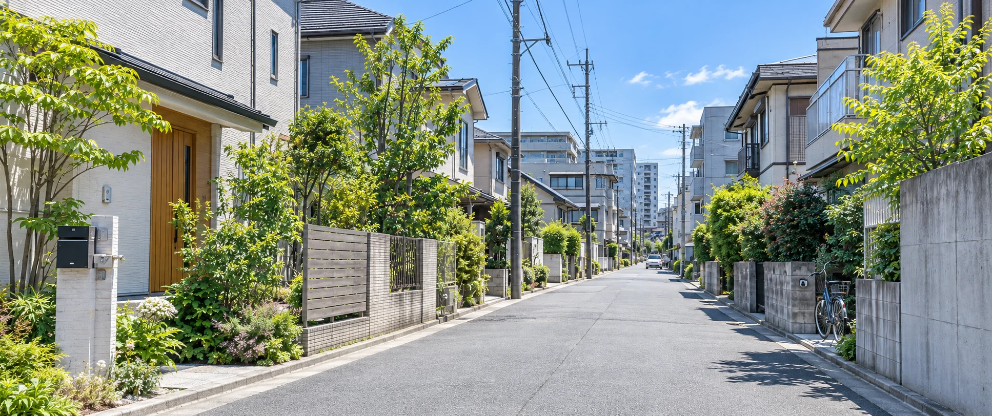 緑と住宅が並ぶ、明るい街並みのイメージ